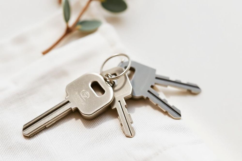 Silver house keys resting on a white fabric surface with a small eucalyptus sprig in the background-